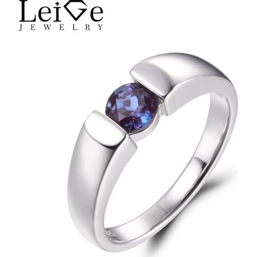 LeiGe Jewelry Solitaire Rings Anniversary Rings Round Cut Alexandrite Ring June Birthstone 925 Sterling Silver Bezel Setting
