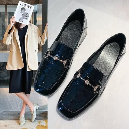 Mr Co 2021 Spring New Loafers Women Mirror Top Layer Cowhide Square Toe Small Single Shoes Low Heel Womens Shoes Trend