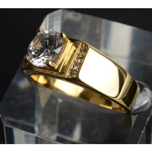 Stainless Steel Wedding Ring For Men Never Fade Gold Color Zircon Male Classic Engagement Rings