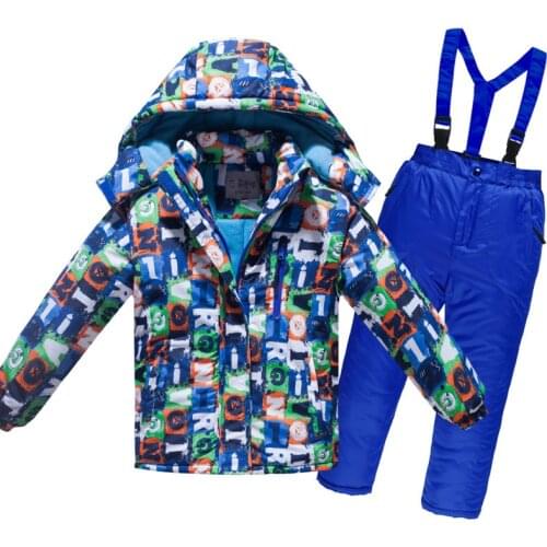 New Kid Ski Suit Winter Warm Thick Windproof Waterproof Hooded Ski Jacket Pants Set Children Outdoor Skiing Snowboard Snowsuit