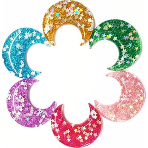 20pcs/Pack 40mm For Diy Necklace Pendant Keychain Charms Bling Bling Flat Back Resin Glitter Charms Moon Shape Accessories