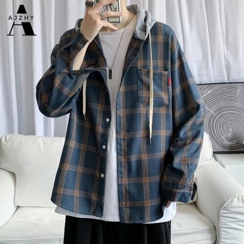 AJZHY Casual Hooded Plaid Shirt Men Loose Flannel Shirts Long Sleeves Hip Hop Oversize Streetwear 2020 Spring Autumn Brand Shirt