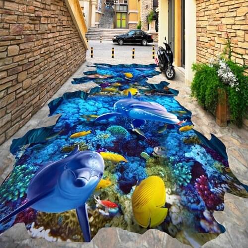Custom Self-adhesive Floor Mural Submarine World Dolphin Coral 3D Floor Tiles Wallpaper Outdoor Mall Wear Non-slip Wallpaper 3 D