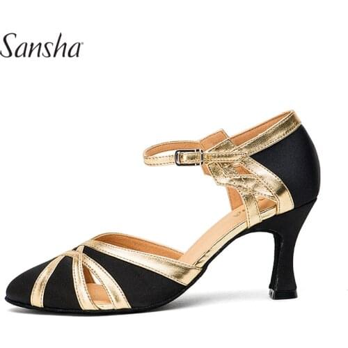 Sansha Ladies Satin Latin Dance Shoes Narrow Feet Model About 7CM Height Heel Two-Tone Design Ballroom Shoes For Girls BR30078S