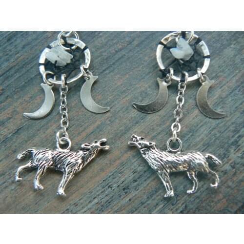 Wolf Earrings howling at the triple moon dreamcatcher moonstone moon goddess pagen native tribal fusion boho earrings