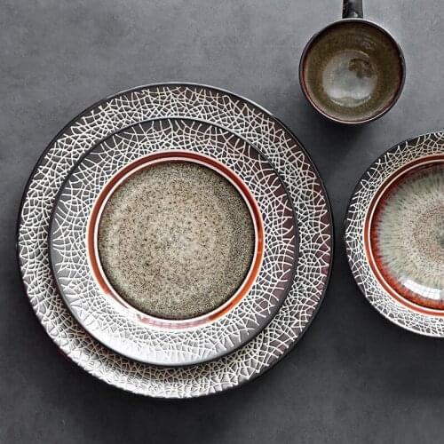 Cracked Glaze Ceramic Tableware Dishes Set Retro Western Plate Household Shallow Mouth Bowls Breakfast Steak Plate