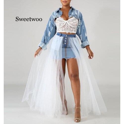 Women Denim Organza Patchwork Chic Skirt Streetwear Green White Summer Fall Classy Bottoms Skirts Sexy Party Clubwear