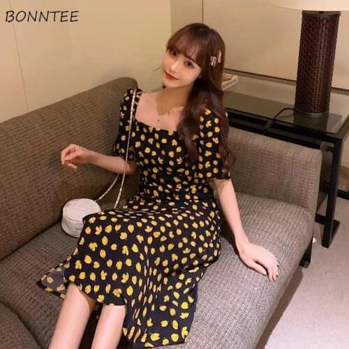 Puff Sleeve Dresses Women Side-slit Print Square Collar Summer Ladies Clothing French Style Romantic Streetwear Leisure Holiday