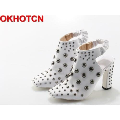 Fashion Womens Spring Summer Open Heel Boots Casual Faux Suede Ankle Boots Thick High Heels Square Toe Metal Rivet Women Boots