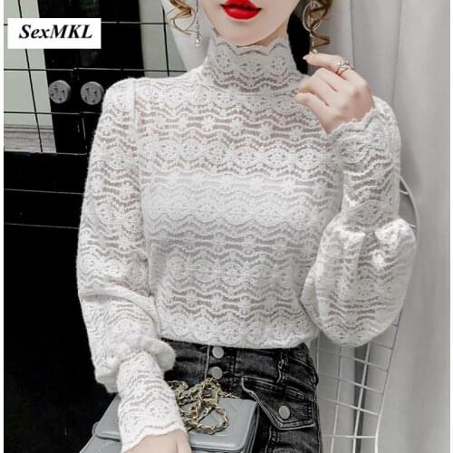 Sexy Transparent Lace Tops Women 2021 Fashion Long Sleeve Hollow Out White Blouses Korean Clothing Vintage Office Camisas Mujer
