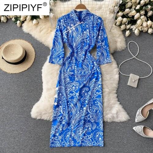 Women Chinese Dress Multicolor Flower Printed Handmade Buttons Qipao Cheongsam Vestido China Summer Clothing 2021 D026