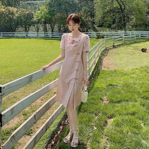 Summer new dress plaid floral disc button dress female temperament improved version cheongsam dress female