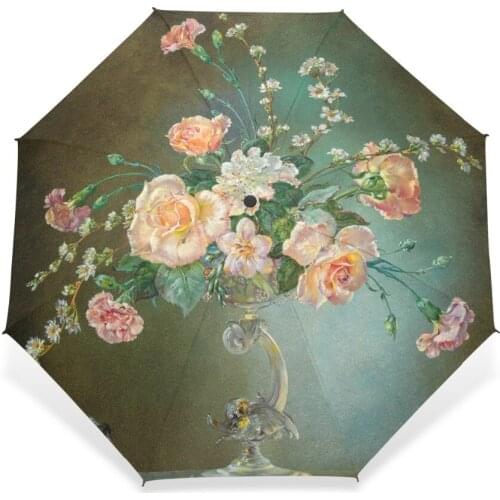 Classical 19th Century Watercolor Painting Umbrella 3 Folding Flower Print Pattern Women Rain Umbrella Automatic For Lover Gift