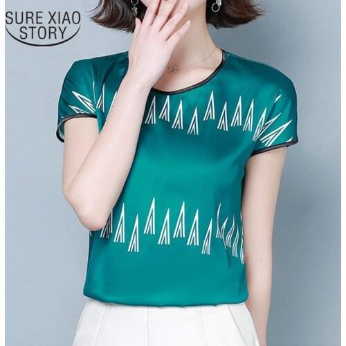 2021 Summer New Korean Loose Simple Thin Tops Female Short Sleeve Round Neck Printed Silk Blouse Women Chemisier Femme 9165 50