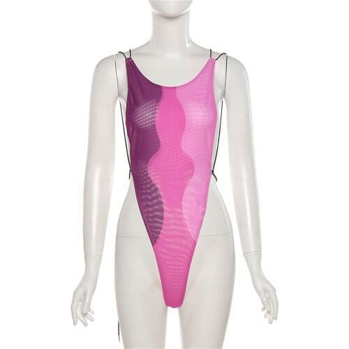 Breathable Mesh Bodysuit Women Stylish Print Drawstring Spaghetti Strap Crisscross Leotard Strappy Sleeveless Backless Playsuit