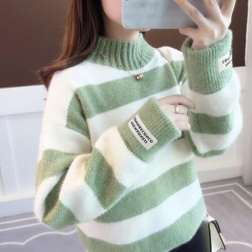 Jumper Stripe Thick Sweater Sweater Women Turtleneck Pullover Imitated Mink Wool Sweater Sweter Women Clothes Vestidos For green
