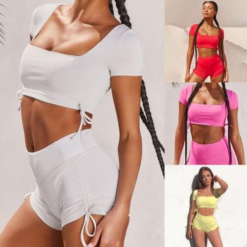 Elastic Crop Top Set and Drawstring Shorts Backless Hollow Sexy 2 Pieces Set Home Clothes Tracksuit Outfit