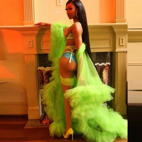 Fluorescent Green Tulle Dresses For Women Birthday Robes For Photo Shoot Sexy Long Sleeves Tulle Robes Causal Summer Gown