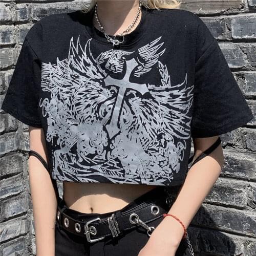 Gothic Style Crop Top Harajuku Graphic T Shirt for Women Ulzzang Korean Tshirt Summer Tee Croptop Goth Y2K Clothes Short Sleeve