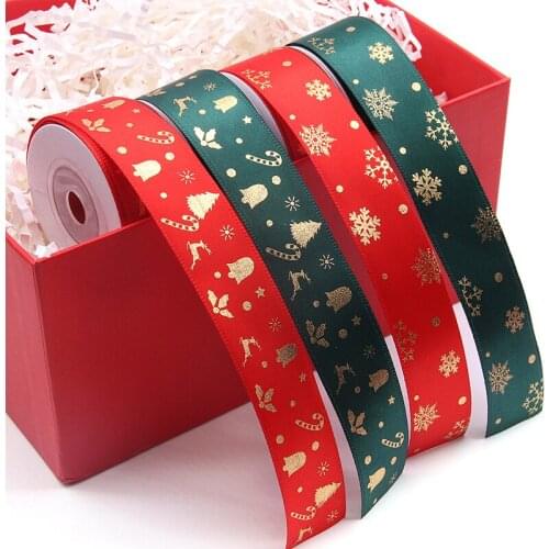 10M 25MM Polyester Ribbon Bronzing Ribbon Printed Christmas Ribbon For Christmas Decoration DIY Bow Box Packaging