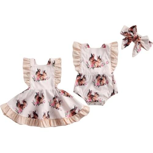 Summer Easter 0-5Y Lovely Infant Kids Girls Romper Dress Cartoon Rabbit Print Ruffles Sleeve Jumpsuits Headband