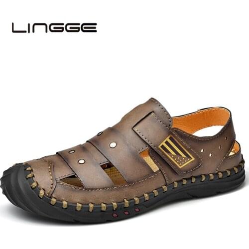 LINGGE New Men Sandals Genuine Leather Fashion Beach Sandals Men Brand Outdoor Men Summer Shoes Hollow Sandials Big Size 48