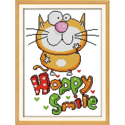 Happy smile cross stitch kit cartoon cat printed on fabric DMC 18ct 14ct 11ct embroidery DIY handmade needlework craft supplies