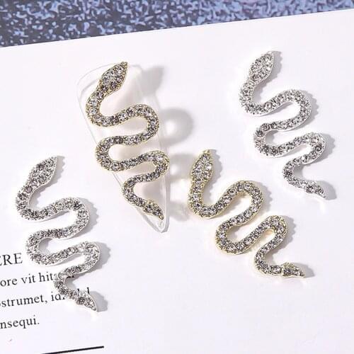 2Pcs/lot Alloy Snake Design Nail Art Decorations 30*13mm 3D Gold/Slivery Metal Charms With Clear Rhinestone Manicure Accessories