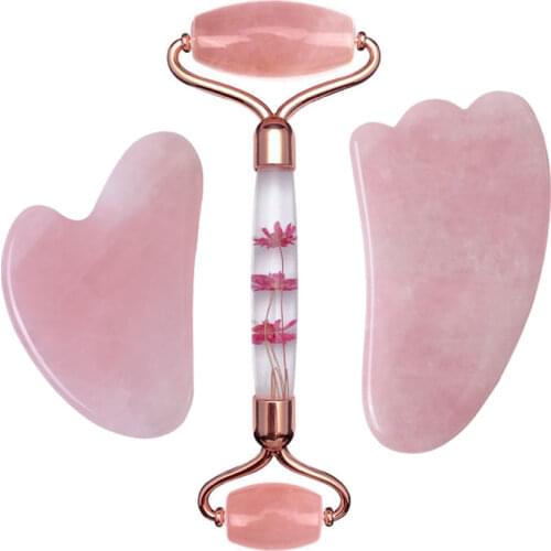 New Rose Quartz Face Massage Jade Roller Gouache Scraper Set Natural Gouache Stone Facial Roller Massager Guasha Massage Tool
