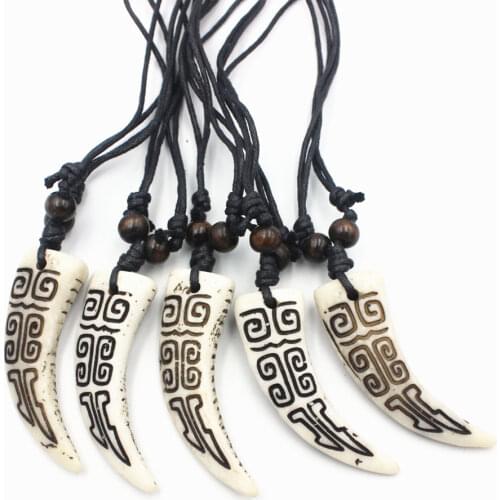 Wholesale Jewelry 12pcs Yak Bone Carved Pendant Wolf Tooth Necklace Amulet Adjustable Rope Gift MN165