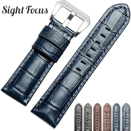 22mm 24mm 26mm Men Replacement Watch Strap Band for Panerai Watch Strap Leather Blue Watchbands Pulseira Relogio w Holder Correa