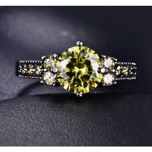 Luxury Female Olive Green Crystal Jewelry Charm 14KT Black Gold Engagement Rings For Women Punk Bride Round Zircon Wedding Ring