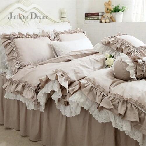 Top Luxury European Khaki bedding set ruffle lace duvet cover bedding elegant bedspread bed sheet for wedding decor bed clothes