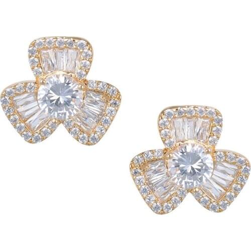 2016 Ladies Fashion Flower Shape Crystal Rhinestone Earring Champagne Gold Color Stud Earrings for Bridesmaid Woman GLE3683