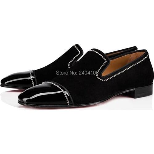Shooegle Design Patent Leather Round Toe Suede Loafers Rhinestone Diamond Studs Zapatos Hombre Breathable Black Casual Shoes Men