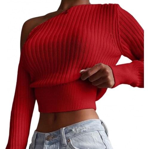 New Autumn Women Sexy Sweater Off Shoulder Casual Solid Color Long Sleeve Ribbed Knitted Crop Pullovers Club