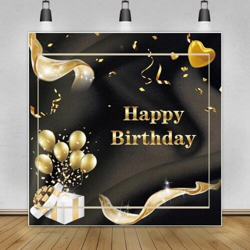 Black Gold Adult Happy Birthday Vinyl Backdrop Banner Balloons Gifts Ribbon Portrait Customized Poster Photography Background
