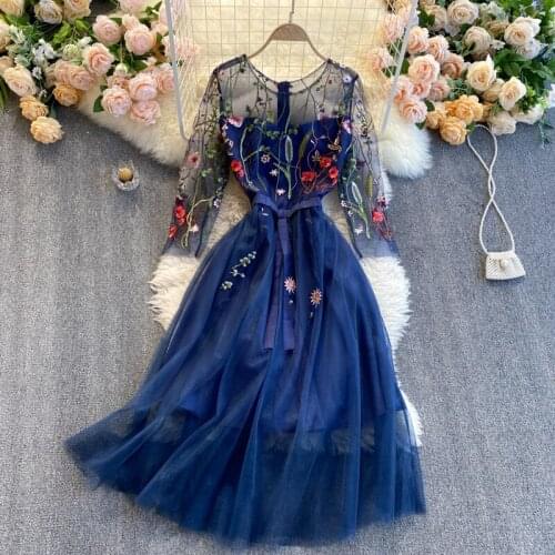 Womens spring summer runway fashion flower embroidery mesh dress female vintage A-line party dress TB1412