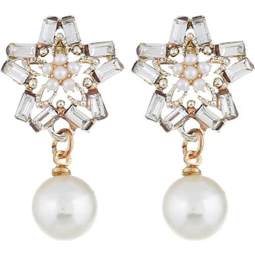 CRLEY Snowflake Shape Crystal Drop Bohemian Earrings for Women White Pearl Dangle Fashion Earrings Jewelry Christmas Gifts