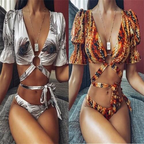 Sexy Ruffle Bathing Suit Women Short Sleeve Micro Bikini Set купальник женский 2020 Push Up Padded Bandage Swimsuit Deep-V Neck