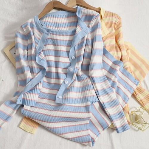 New Autumn Korean Fashion Casual Striped Knitted 2 Piece Set Women Crop Top Long Sleeve Cardigan Coat + Strapless Dress Suits