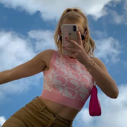 WeiYao 2000s Aesthetic Pink Print Cute Y2K Sweater Vest Women Casual Kawaii Jumpers Cropped O Neck E Girl Knitted Tanks Tops