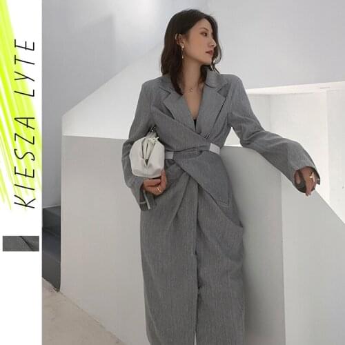 Women Gray Pleated Knot Long Elegant Dress New V-collar Long Sleeve Loose Fit Fashion Tide Spring Summer 2021 bodycon dress