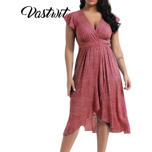 Women Chiffon Floral Print V Neck Ruffle Dress Summer Asymmetrical Beach Casual Short Sleeve Midi Sun Dresses