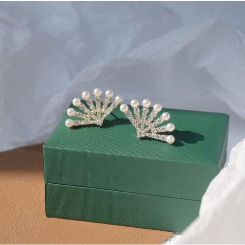 14k Real Gold Fashion Jewelry Fan-shaped Crystal Pearl Exquisite Stud Earrings for Woman Holiday Party Elegant Simple Earring