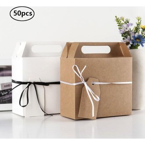 25/50pcs Kraft Paper Candy Tote Bag Party Gift Box Package With Handle Wedding Birthday Party Favor Bags Decoration Valentines