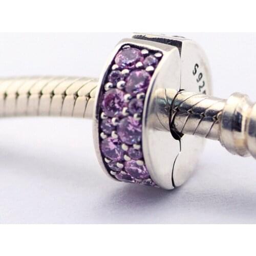 Shining Elegance Clip Charm with Pink CZ Genuine 925 Sterling Silver Beads for Women DIY Fits Pandora Bracelet Jewelry Making