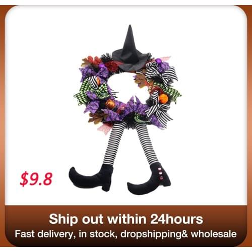Halloween Witch Hat Leg Wreath Artificial Rattan Pumpkin Garland Wall Hanging Ornament Door Pendant Festival Party Decoration