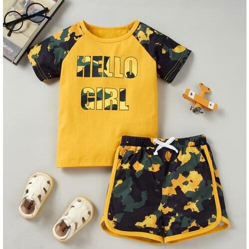 Infant Kids Baby Boys Girls 2Pcs Clothes Set Short Sleeves Letter Printed Tee Tops Camouflage Printed Short Pants for 3 4 5 6 7