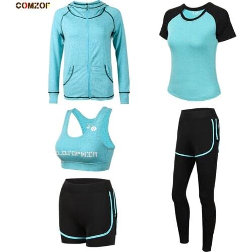 Quick dry women 4/5PCS yoga set t shirt+bra+coats+shorts+pants fitness gym sportswear clothing womens outdoor running sets